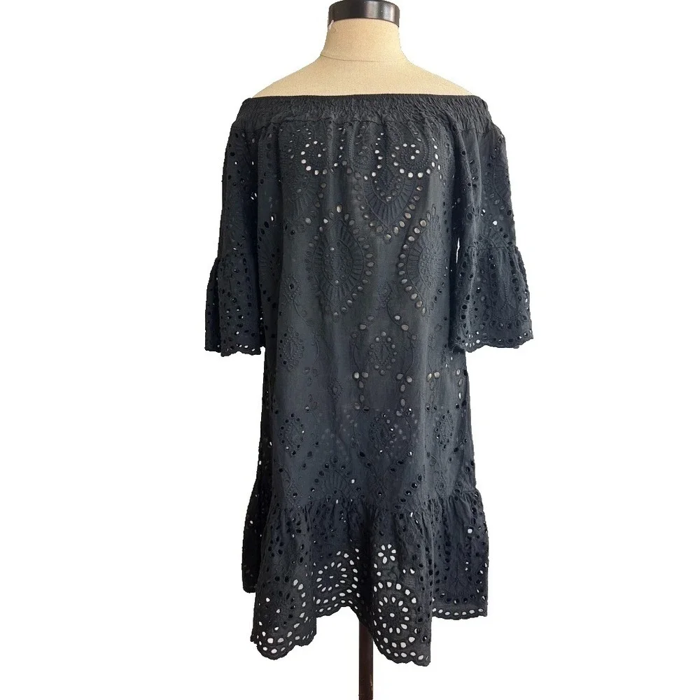 New Collection Italy S Black Eyelet Boho 100 Cotton Mini Dress Off Shoulder Sun